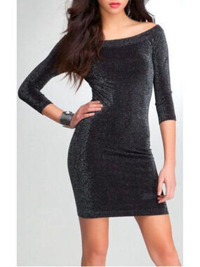 Y2K bebe Black Metallic Sparkle Off-Shoulder Bodycon Mini Dress P/S Sexy Party
